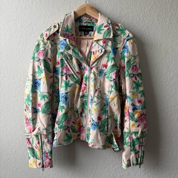 Colleen Lopez Jackets & Blazers - Colleen Lopez Multicolor Floral Faux Leather Moto Jacket